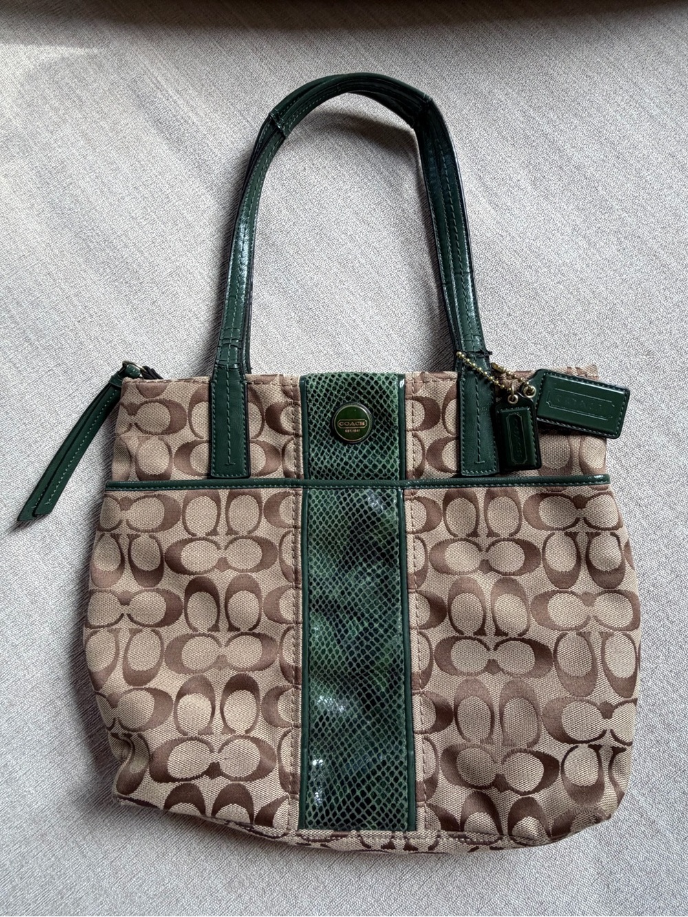 COACH Brown/Khaki Green Python Stripe Bag. Style No. F1361-F25706.